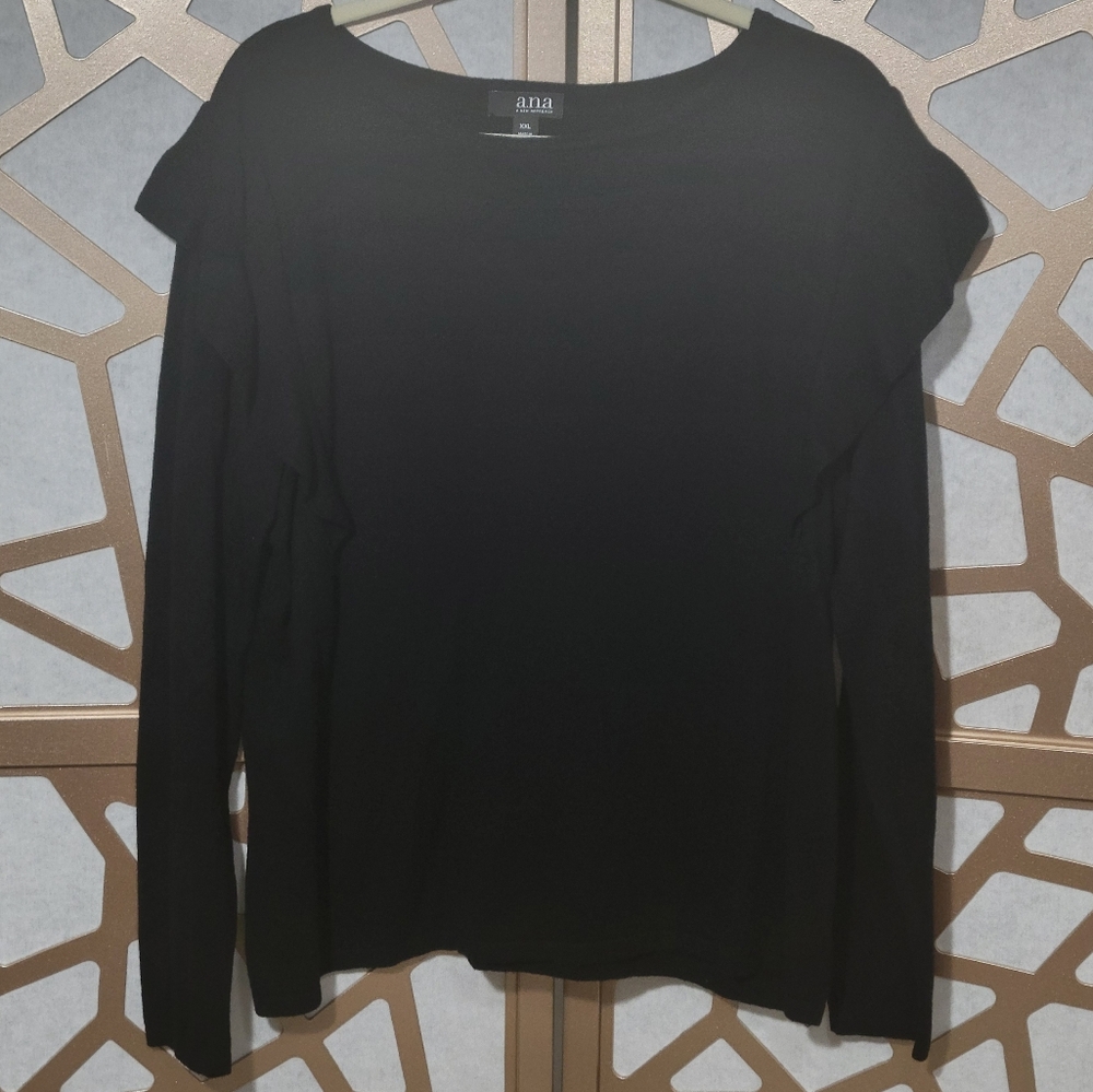 A.N.A. Black Fine Knit Flutter Sleeve Crewneck Sweater